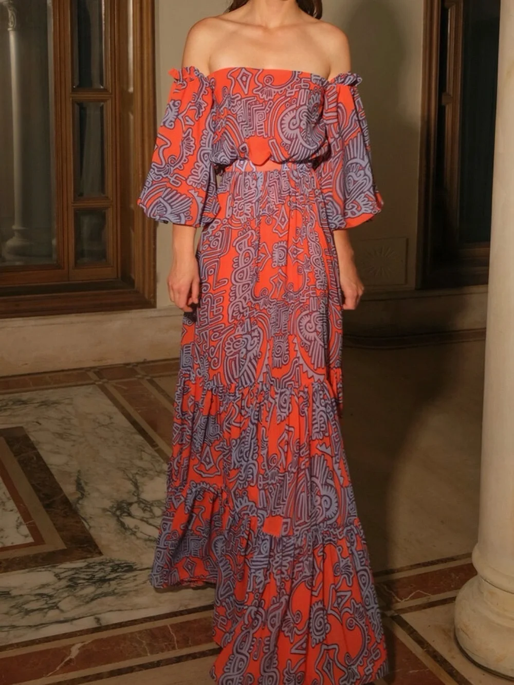 Andres otalora TIKUNA OFF-THE-SHOULDER CHIFFON MAXI DRESS IN PRINT NWT Size M - Picture 2 of 16